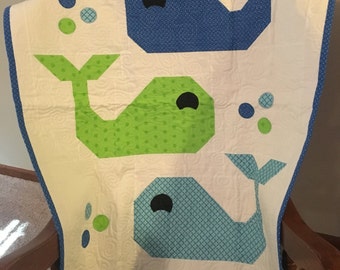 Blue/green whale baby quilt