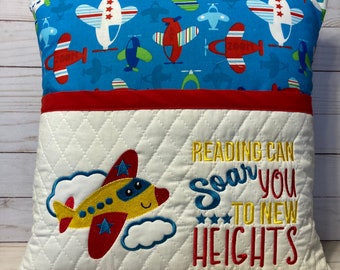 Embroidered Airplane Reading Pillow: Travel Pocket Pillow