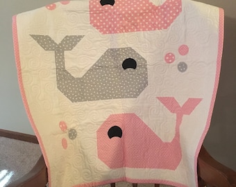 Pink/Gray Whale baby quilt