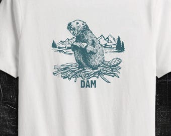 Funny Beaver graphic print, Beaver Dam Print Unisex T-shirt (Comfort Colors 1717- White)