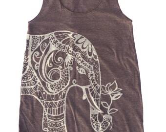 Ethnic Elephant graphic print Women's Racerback Tank Top (Heather Brown, Small size), CLEARANCE SALE