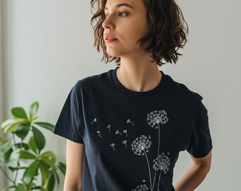 Dandelion print Unisex crew neck T-shirt, Women's gift T-shirt, Mom and Dad gift T-shirt (Navy)