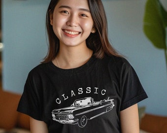 Classic Car Old Car print Unisex  Women's Gift tee, Girlfriend tee, Men and Unisex short sleeve crew neck Tee (Black)