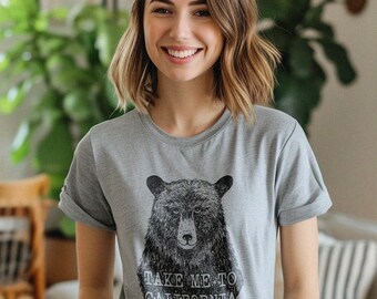 Take me to California Bear print, Women and Unisex T-Shirt Women's Gift tee, Girlfriend tee, Unisex outdoor T-Shirt (Heather Gray)