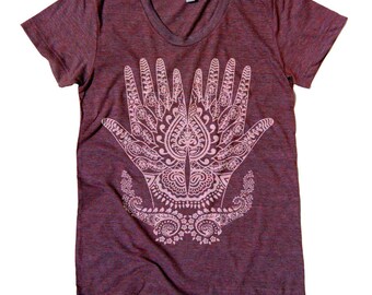 Henna hand Print Women's fitted fit T-Shirt (Small size ) Maroon - CLEARANCE SALE - Free Shipping, order over 20 US Dollar.