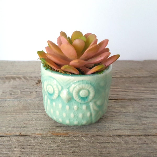 Artificial Succulent Planter, Faux Pink Succulent Flower, Aqua Ceramic Owl Planter, Fake Succulent, Ready to Ship, Valentine's Day Gift Her
