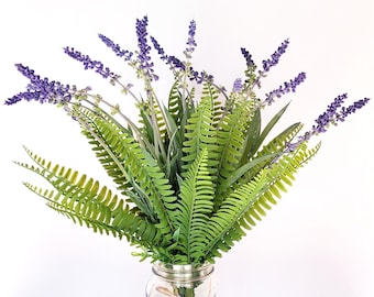 Purple Flower Bouquet | Lavender + Ferns | Spray of Flowers for Vase | Everyday Arrangement | Realistic Faux Flower Bunch | Vase Filler