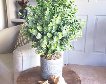 19" Tall FAUX Greenery Arrangement | Blue-Gray Modern Southwest Planter | PREMIUM-QUALITY Eucalyptus Centerpiece | Natural-Looking Greenery