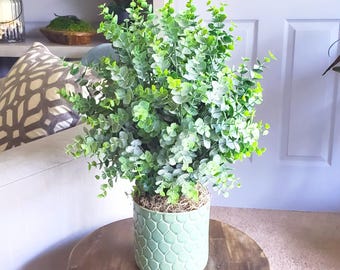 Realistic Looking 19" Tall Faux Greenery Arrangement | Light Green Scales Patterned Planter | Premium Quality Eucalyptus Centerpiece