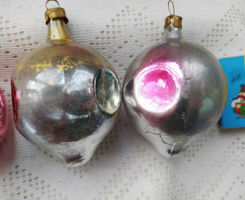 Vintage Soviet Christmas tree decoration, Silver Indent Glass Ornament, Christmas decor, Retro Tree decoration, Made in USSR. Set 4 36