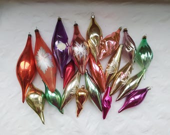 Vintage glass long teardrop or icicle ornaments, Soviet Christmas tree decorations, Set #11. Made in USSR