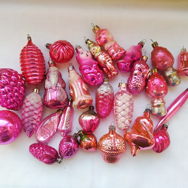 Vintage Christmas Pink tree decorations, Christmas mercury Glass Ornaments - Made in USSR PINK