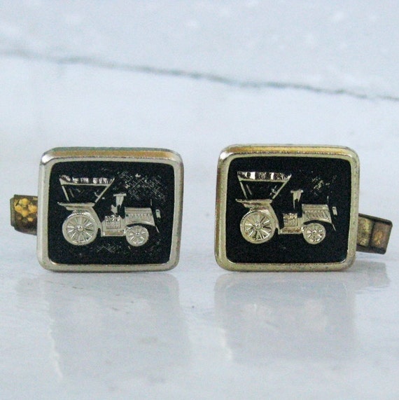 Vintage Metal Cuff Links with black faux stone. Ol