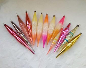 Vintage glass long teardrop or icicle ornaments, Soviet Christmas tree decorations, Set #10. Made in USSR