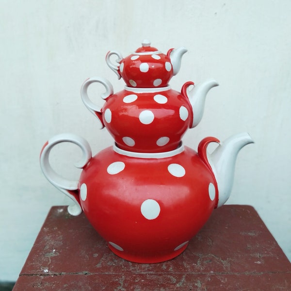 Vintage Red and White Polka Dot porcelain Teapots, Home decor. Soviet soviet from 1970s, made in USSR