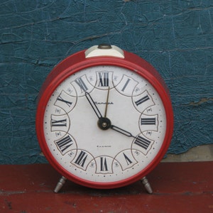 Vintage  Alarm Mechanical Clock Jantar - White and Red - Made in USSR