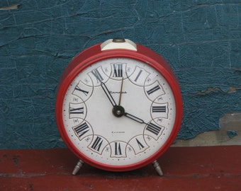 Vintage  Alarm Mechanical Clock Jantar - White and Red - Made in USSR