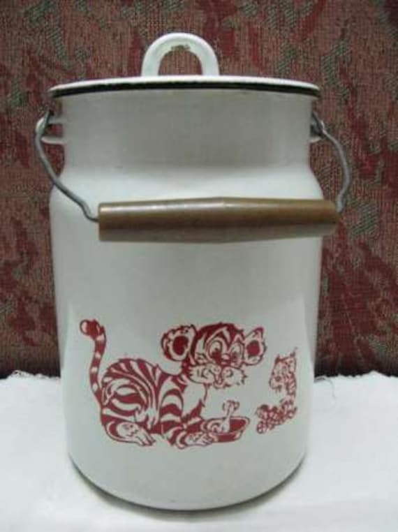 enamel milk jar white×red Vintage Ceramic Milk Bottle Marked Canada 4239 White With Red