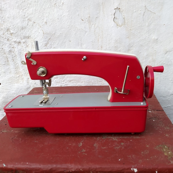 Vintage Red and White Toy Sewing Machine. Children Sewing Machine. Soviet Vintage, Made in USSR