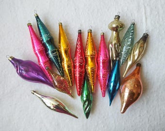 Vintage glass  teardrop or icicle ornaments, Soviet Christmas tree decorations, Set #14. Made in USSR