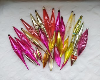 Vintage glass long teardrop or icicle ornaments, Soviet Christmas tree decorations, Set #12. Made in USSR