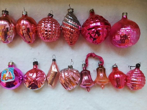 Vintage Weihnachten Baumschmuck Rosa, Weihnachten Quecksilber Glasornamente - Made in UdSSR PINK