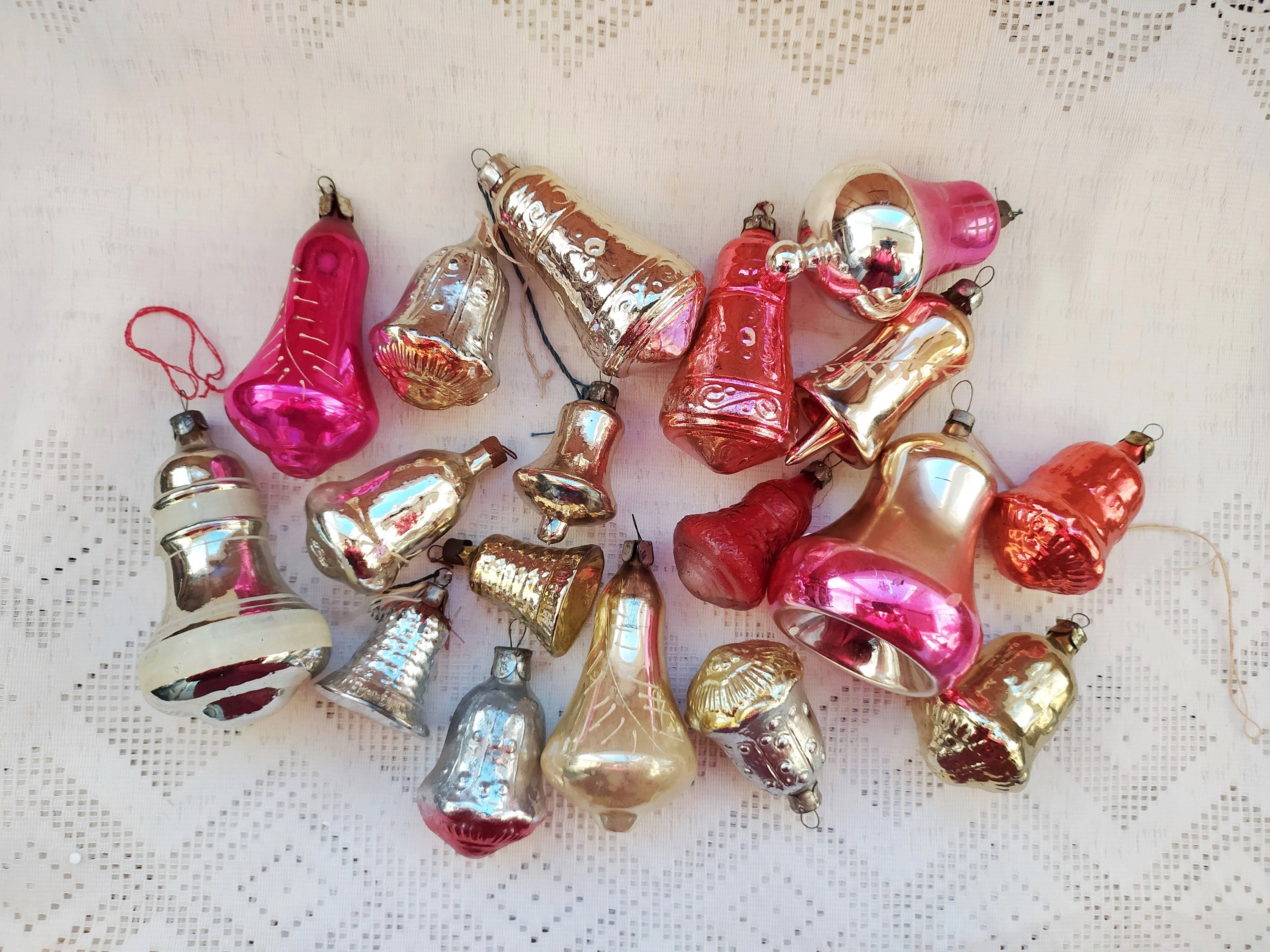 Vintage Soviet Christmas Tree Decorations, Bells Glass Ornaments