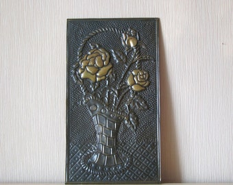Vintage copper "Roses in vase" - Wall hanging plate decor - Made in USSR