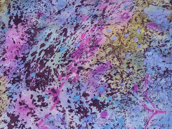 Vintage colorful acetate silk fabric, yellow pink purple fabric from 1980s. 1 x 1.15 yards