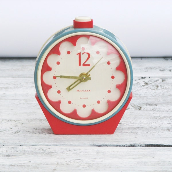 Vintage Alarm Mechanical Clock - Sea Green and Red - Made in USSR