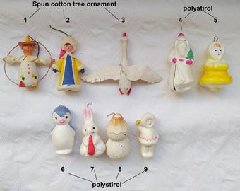 Rare Antique Russian Christmas Spun cotton tree ornaments and polystirol ornaments Retro Christmas decor. Soviet vintage, Made in USSR