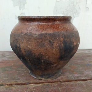 Very old antique ancient clay vessel - Brown Black clay pot - Rustic bowl - Primitives decor- Country decor