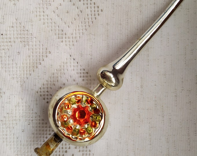 Vintage Christmasp Tree Top Glass Ornament, Hand Decorated Pink Silver