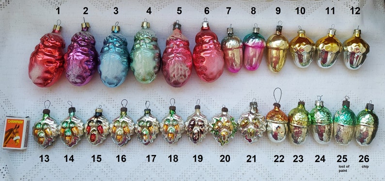 Vintage Soviet Christmas tree decorations. Acorn mercury Glass Ornament. Christmas retro decor, mini Christmas ornaments. Made in USSR image 2