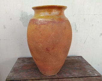 Very old vintage clay vessel. Antique brown clay pot. Ancient rustic bowl glazed inside. Primitives, Country, Rustic decor