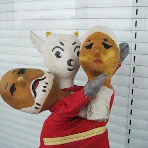 Set of 3 Vintage 1930's paper mache and cotton hand puppets: kid (goat), grandmother and grandfather.