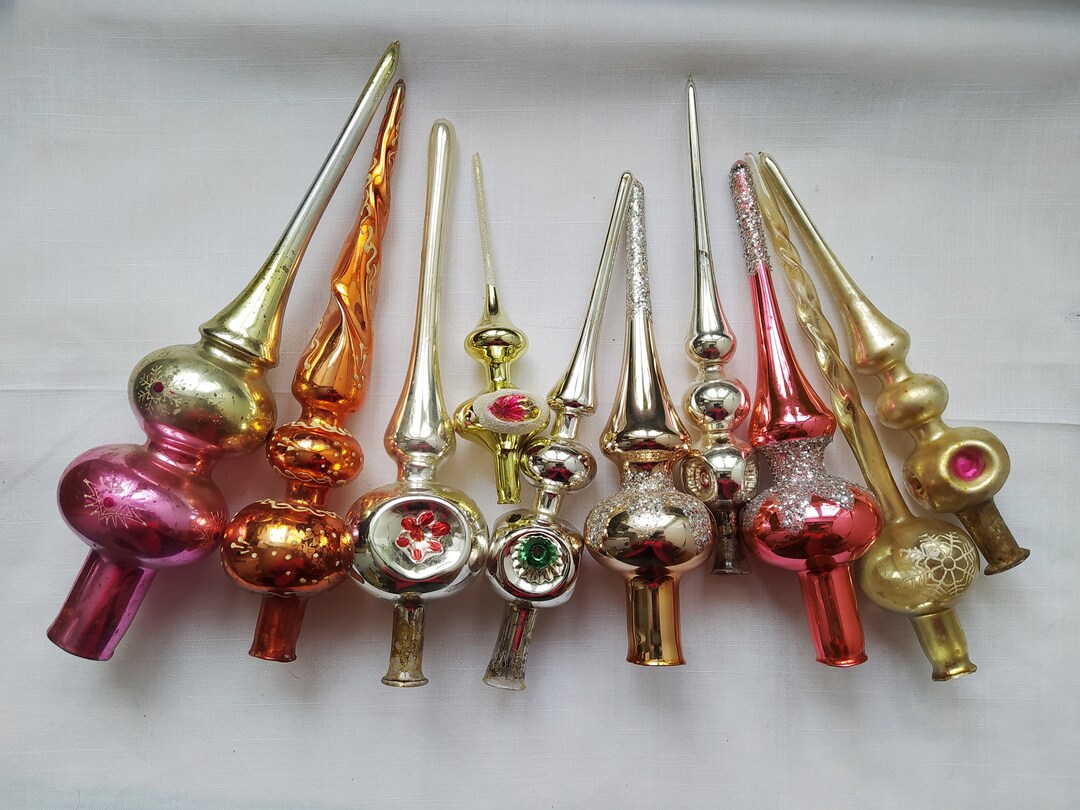 Vintage Christmas Tree Top Glass Ornament, Hand Decorated Pink Silver