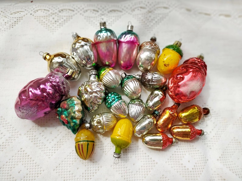 Vintage Soviet Christmas tree decorations. Acorn mercury Glass Ornament. Christmas retro decor, mini Christmas ornaments. Made in USSR image 1