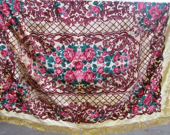 Vintage plush velvet yellow tablecloth, bedspread with fringed edging. Craft supply, teddy bears material. Made in USSR