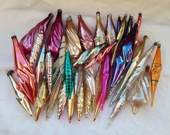 Vintage glass long teardrop or icicle ornaments, Soviet Christmas tree decorations, Set #13. Made in USSR