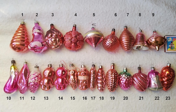 Vintage Weihnachten Rosa 4 Baumschmuck, Weihnachtsquecksilber Glasschmuck - Made in UdSSR PINK