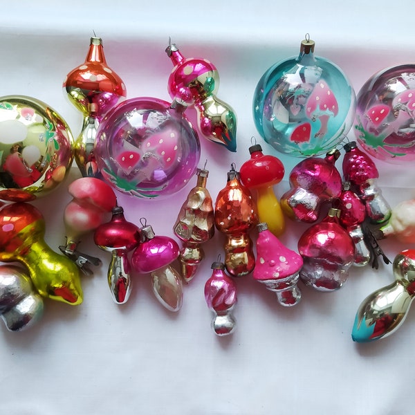 Vintage Mushroom Christmas Tree Decorations, Glass Ornaments. Christmas Retro Decor  #2. Soviet vintage, Made in USSR