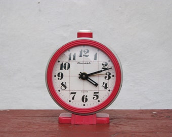 Vintage Alarm Mechanical Clock - Grey and Red - Made in USSR