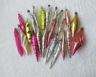 Vintage glass  teardrop or icicle ornaments, Soviet Christmas tree decorations, Set #15. Made in USSR