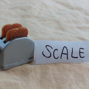 Pu&ograve; includere: Un tostapane argentato in miniatura con due fette di pane all'interno. La parola "SCALE" &egrave; scritta su un pezzo di carta bianco accanto al tostapane.
