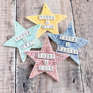May include: Four ceramic star-shaped ornaments in yellow, light blue, dark blue, and pink, each featuring an intricate embossed paisley pattern and white rectangular tiles with black text reading YOU'RE A STAR, YOU'RE A TWAT, YOU'RE A WANKER, and YOU'RE A KNOB.
