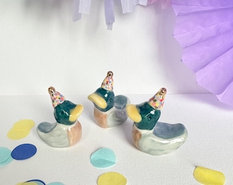 Handmade Porcelain Party Duck Cake Topper: Gold Hat Mallard