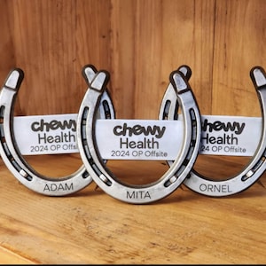 May include: Three silver horseshoe-shaped nameplates with the text "chewy Health 2024 OP Offsite". Each horseshoe has a name engraved: ADAM, MITA, and ORNEL. The nameplates are displayed on a wooden surface.
