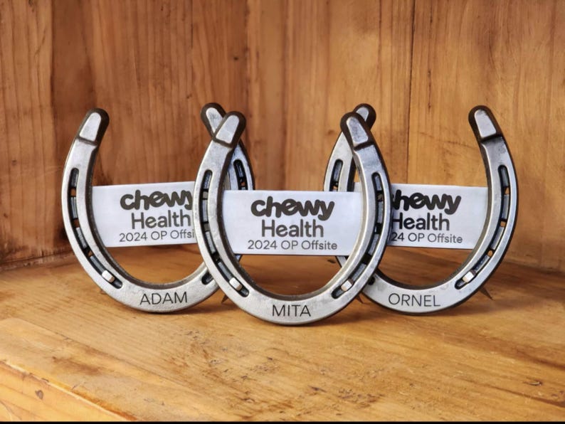 May include: Three silver horseshoe-shaped nameplates with the text "chewy Health 2024 OP Offsite". Each horseshoe has a name engraved: ADAM, MITA, and ORNEL. The nameplates are displayed on a wooden surface.