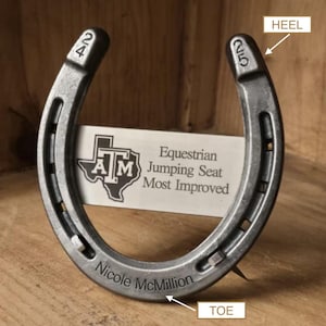 May include: A silver horseshoe with the numbers 24 and 25 stamped on the heels. The horseshoe holds a white card with the text "Equestrian Jumping Seat Most Improved" and the name "Nicole McMillion" engraved on the toe.